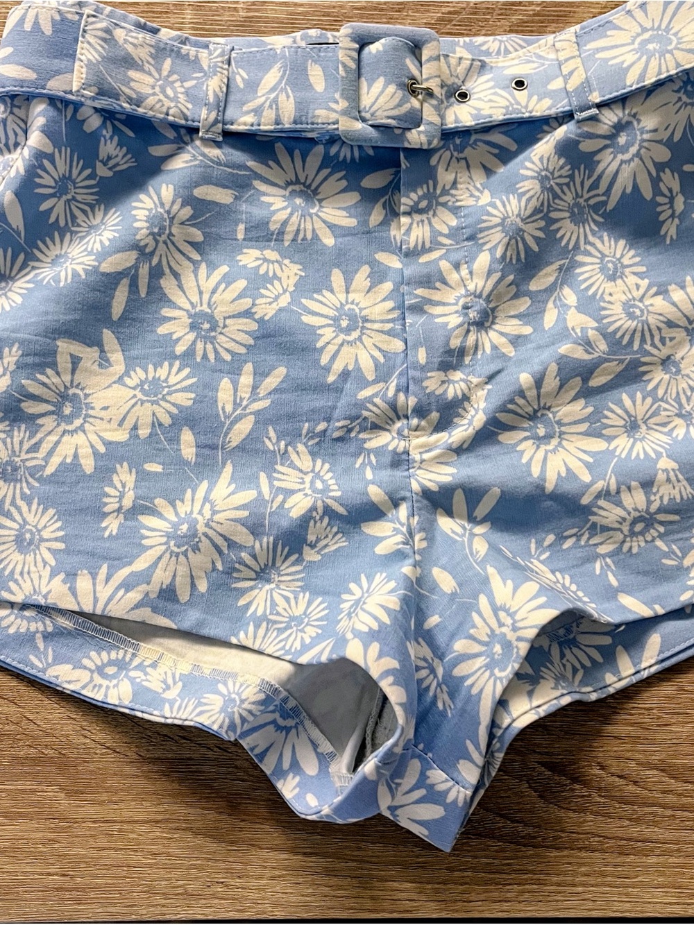 Zara Light Blue and White Floral Shorts with Belt